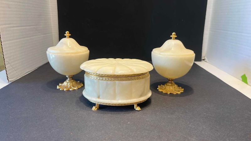 View 3 of VINTAGE ALABASTER BOX SET WITH CLAW FEET