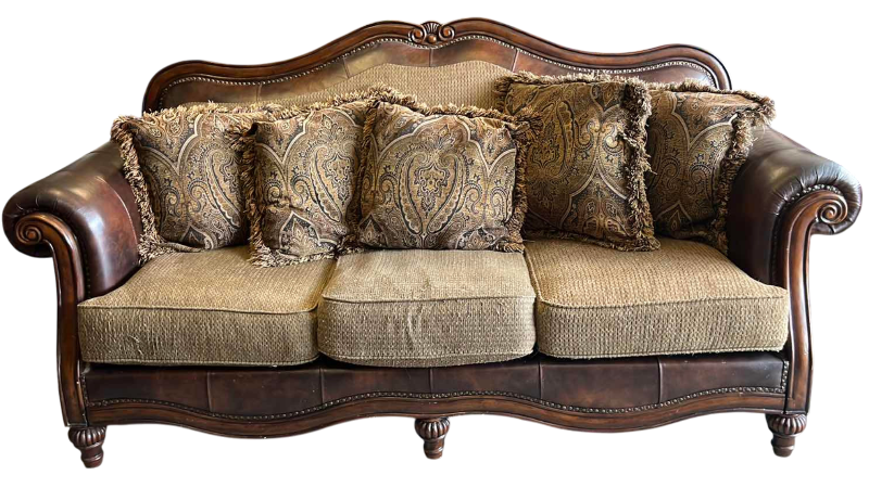 View 1 of ASHLEY FURNITURE FRESCO SOFA WITH LEATHER ARMRESTS AND NAIL HEAD TRIM 90” X 40” H 45”