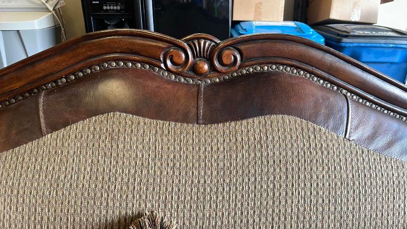 View 4 of ASHLEY FURNITURE FRESCO SOFA WITH LEATHER ARMRESTS AND NAIL HEAD TRIM 90” X 40” H 45”