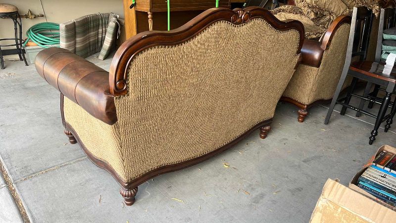 View 2 of BUTTON TUFTED LOVE SEAT WITH LEATHER ARMRESTS AND NAIL HEAD TRIM 68” X 41” H 44”