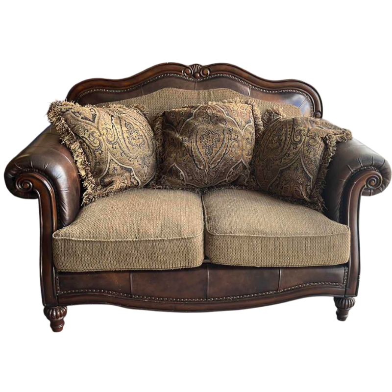 Photo 1 of BUTTON TUFTED LOVE SEAT WITH LEATHER ARMRESTS AND NAIL HEAD TRIM 68” X 41” H 44”