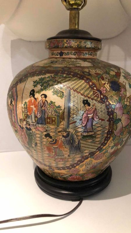 View 3 of VINTAGE SATSUMA ROSE STYLE PORCELAIN GINGER JAR TABLE LAMP 30”