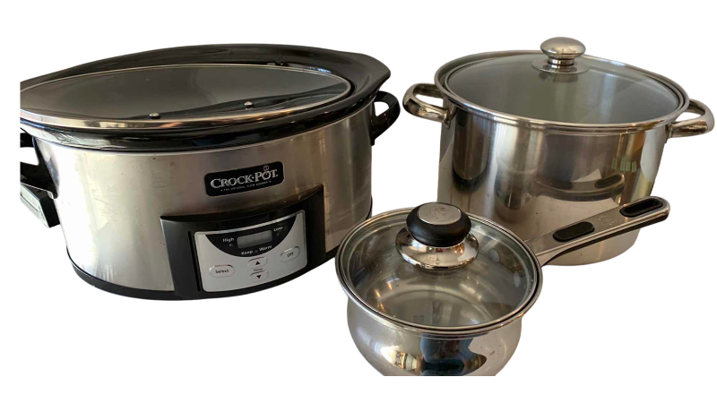 View 1 of STAINLESS STEEL POTS AND A CROCK POT