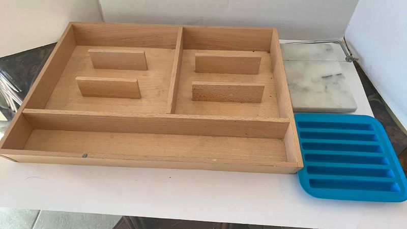 View 1 of WOODEN KITCHEN, CUTLERY TRAY, CHEESE, SLICER, AND BAKING MOLD