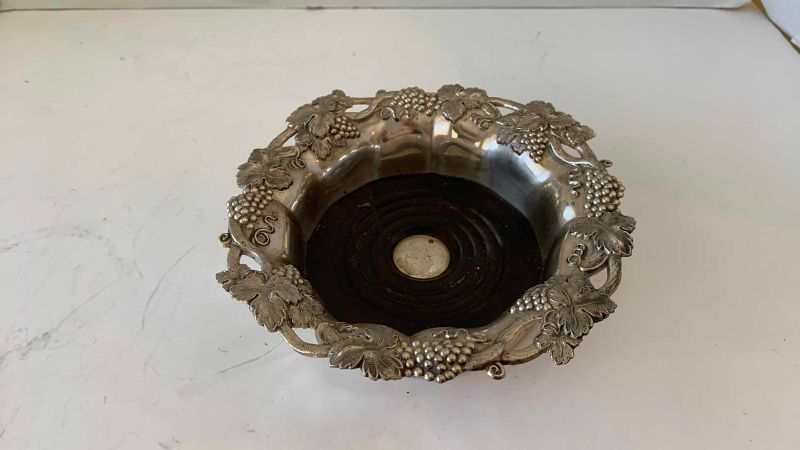 View 2 of VINTAGE SILVER PLATED, WINE BOTTLE, COASTER WITH WOOD BOTTOM MADE IN JAPAN