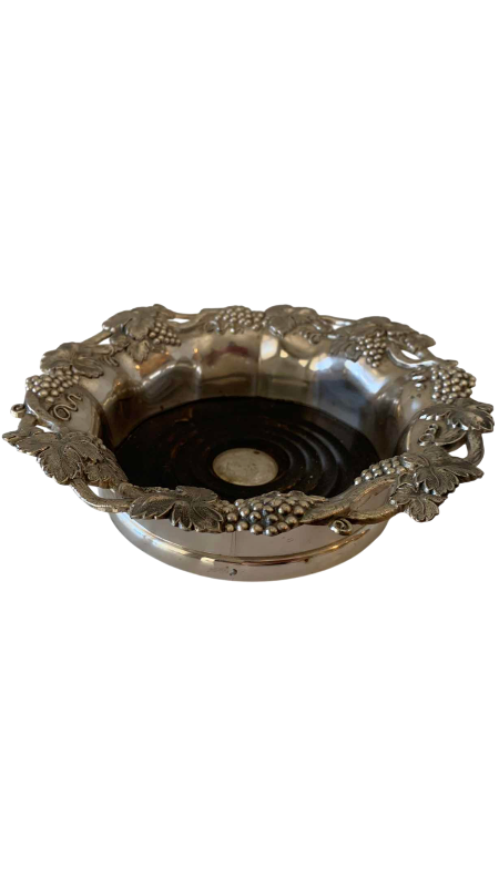 View 1 of VINTAGE SILVER PLATED, WINE BOTTLE, COASTER WITH WOOD BOTTOM MADE IN JAPAN