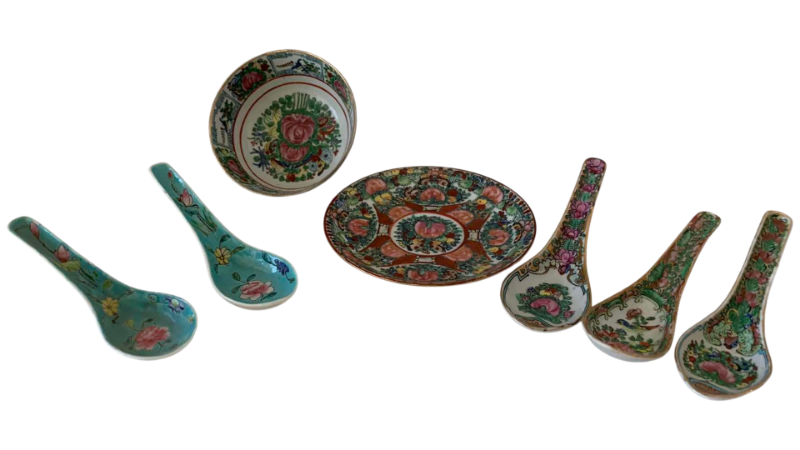 View 1 of VINTAGE CHINESE ROSE MEDALLION PORCELAIN SAUCERS, AND SPOONS