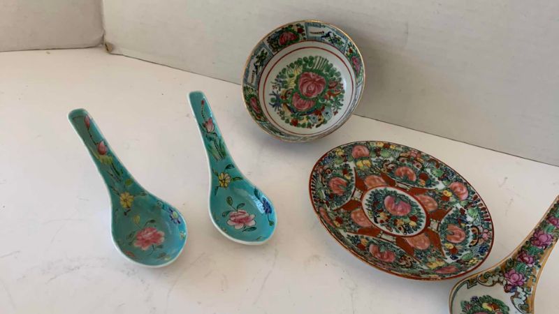 View 2 of VINTAGE CHINESE ROSE MEDALLION PORCELAIN SAUCERS, AND SPOONS