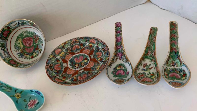 View 3 of VINTAGE CHINESE ROSE MEDALLION PORCELAIN SAUCERS, AND SPOONS