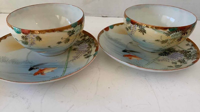 View 2 of VINTAGE JAPANESE GOLDFISH THEMED HANDPAINTED, SAUCERS, CUPS, AND SPOON