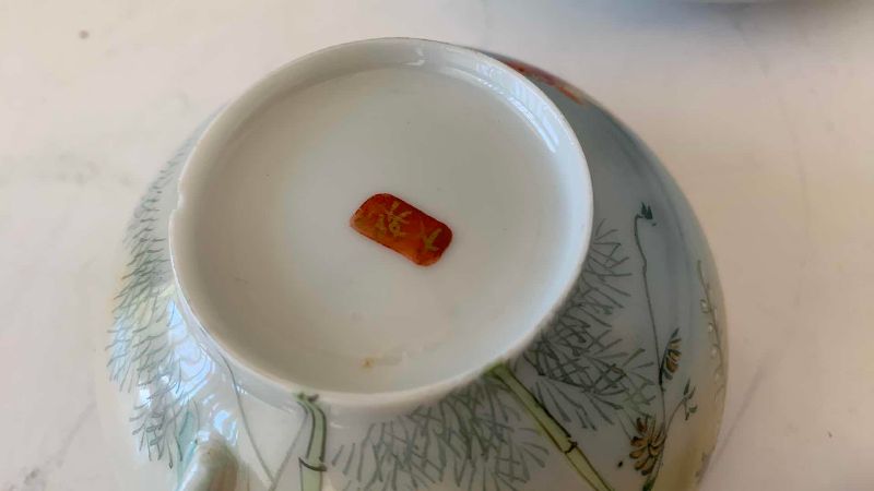 View 4 of VINTAGE JAPANESE GOLDFISH THEMED HANDPAINTED, SAUCERS, CUPS, AND SPOON