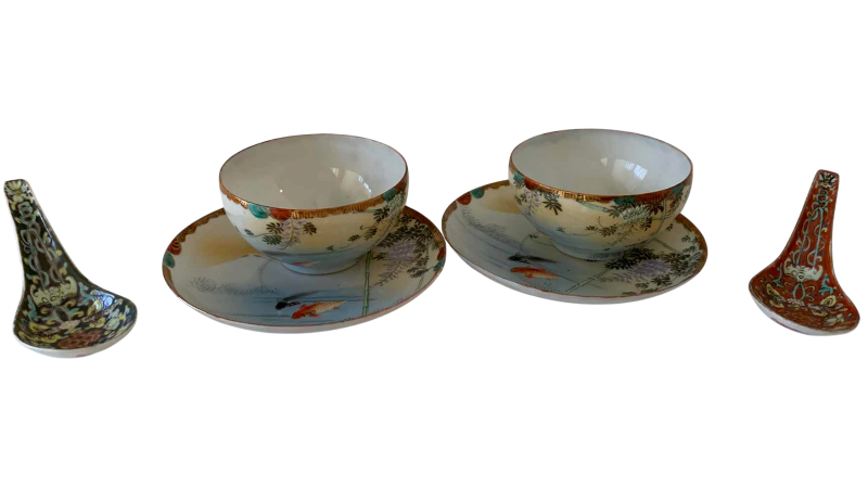 View 1 of VINTAGE JAPANESE GOLDFISH THEMED HANDPAINTED, SAUCERS, CUPS, AND SPOON