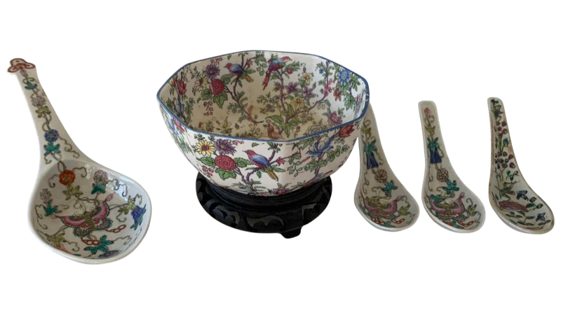 View 1 of VINTAGE CHINESE PORCELAIN BOWL WITH SPOONS