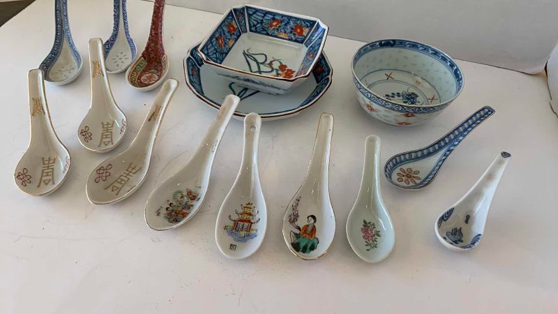 View 2 of VINTAGE JAPANESE AMARI STYLE BOWLS, AND ASSORTED SPOONS