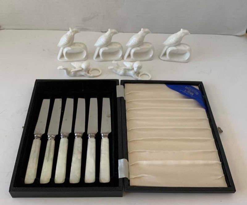 View 2 of VINTAGE WINNER OF SHEFFIELD STAINLESS STEEL CUTLERY RESET MADE IN ENGLAND AND NAPKIN HOLDERS