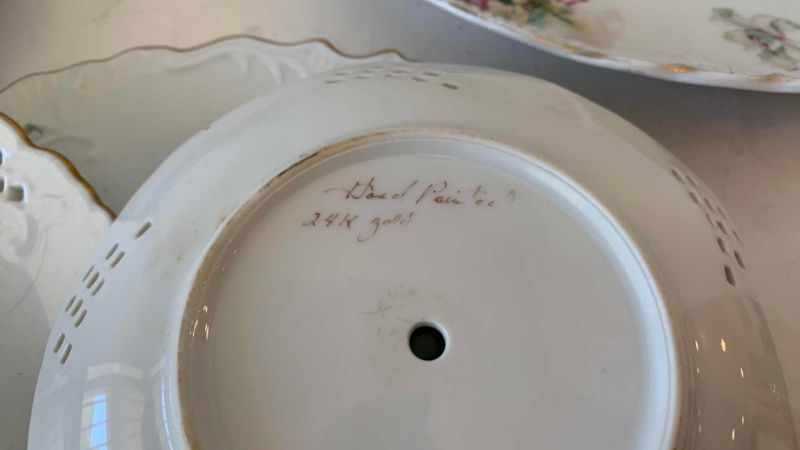 View 4 of PORCELAIN PLATES, THREE OR GOLD TRIMMED LARGEST 12 INCHES