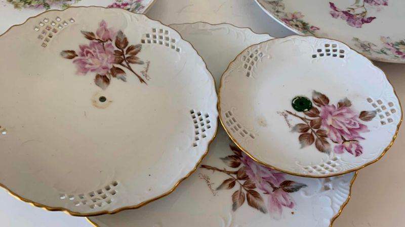 View 3 of PORCELAIN PLATES, THREE OR GOLD TRIMMED LARGEST 12 INCHES