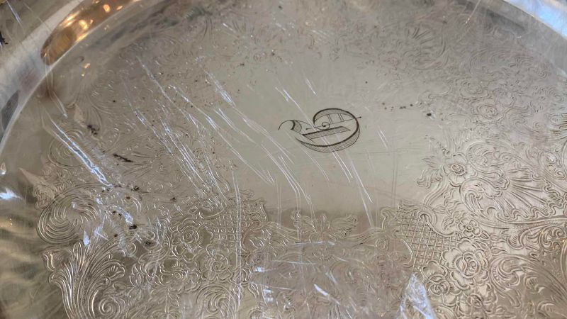 View 5 of PAIR OF SILVER PLATED PLATES, 13 INCHES AND A STEEL DESSERT TRAY