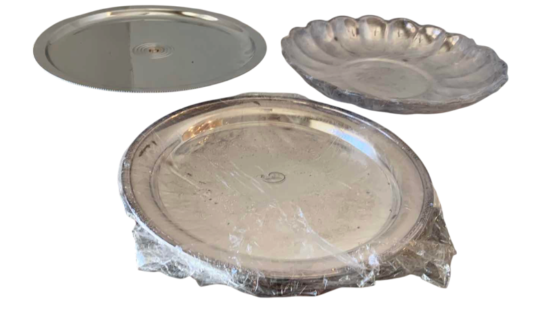 View 1 of PAIR OF SILVER PLATED PLATES, 13 INCHES AND A STEEL DESSERT TRAY
