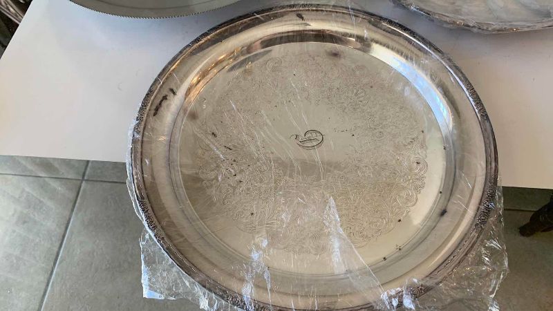 View 4 of PAIR OF SILVER PLATED PLATES, 13 INCHES AND A STEEL DESSERT TRAY