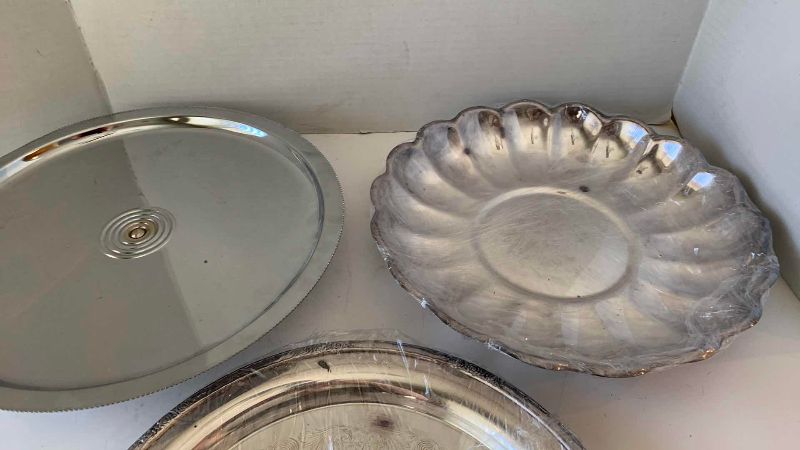 View 2 of PAIR OF SILVER PLATED PLATES, 13 INCHES AND A STEEL DESSERT TRAY