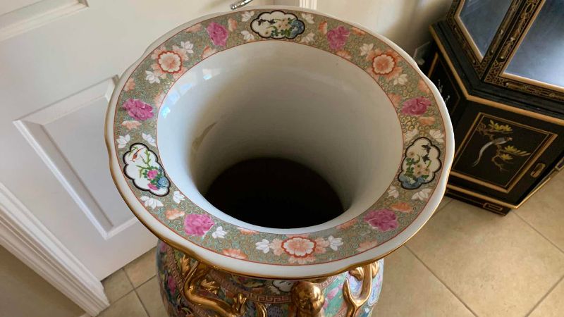 View 6 of CHINESE ROSE MEDALLION PORCELAIN GUILT FLOOR VASE 17” X 45”