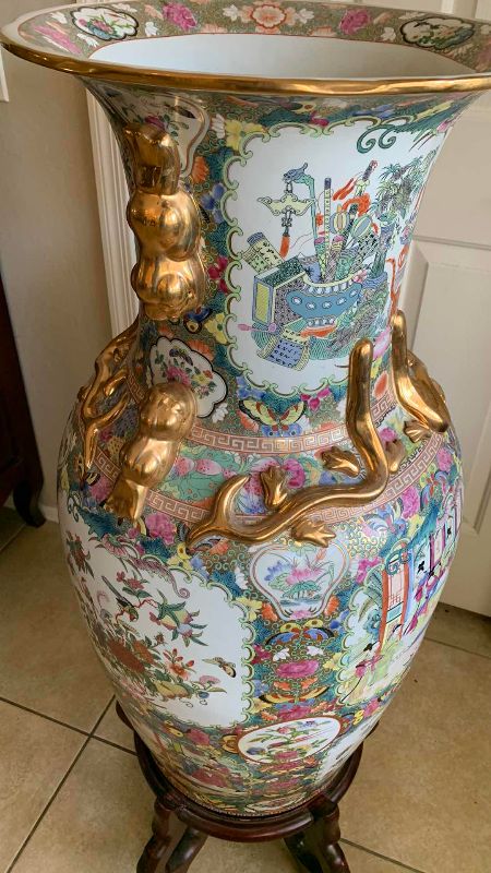 View 5 of CHINESE ROSE MEDALLION PORCELAIN GUILT FLOOR VASE 17” X 45”