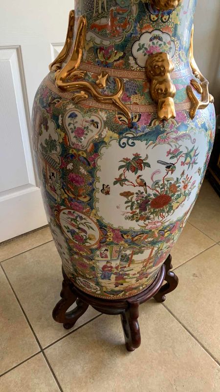 View 4 of CHINESE ROSE MEDALLION PORCELAIN GUILT FLOOR VASE 17” X 45”