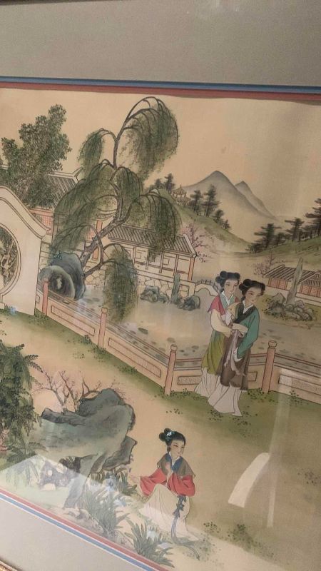 View 2 of CHINESE FERRO, LANDSCAPE, PAINTING, DEPICTING TRADITIONAL COURT AND GARDEN FIGURES 40” X 28”