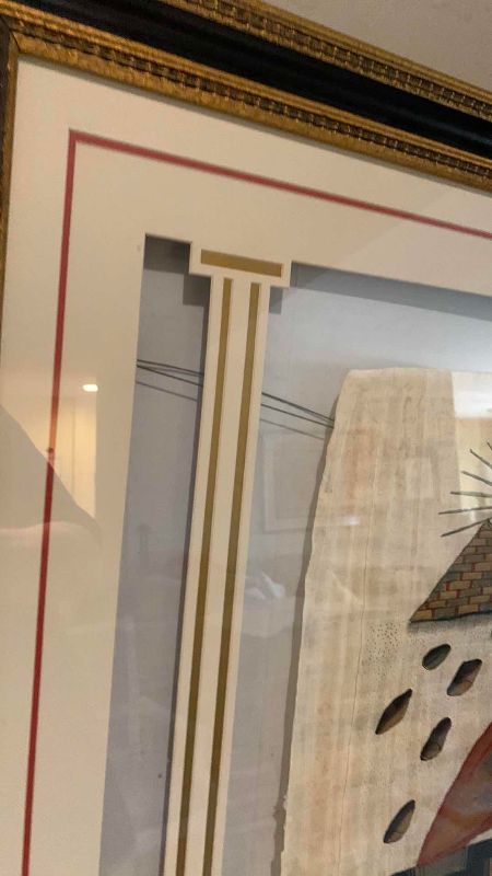 View 3 of HAND PAINTED EGYPTIAN PAPYRUS ARTWORK WITH A SPHINX PYRAMIDS AND SUNBURST 43” X 36”