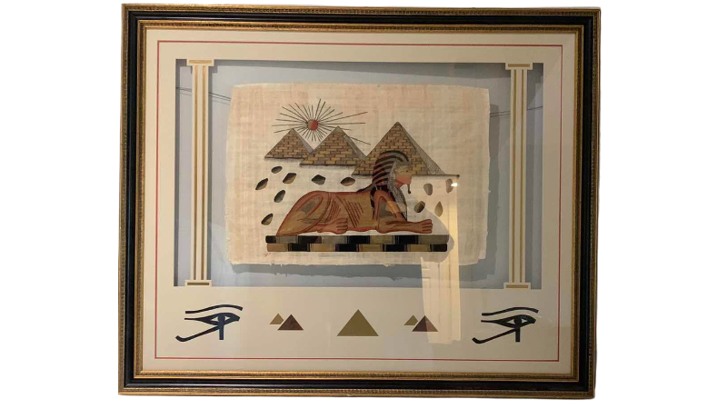 View 1 of HAND PAINTED EGYPTIAN PAPYRUS ARTWORK WITH A SPHINX PYRAMIDS AND SUNBURST 43” X 36”