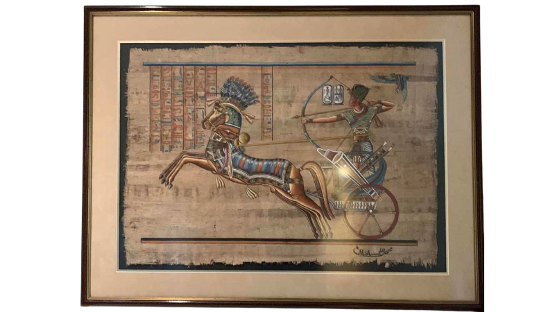 View 1 of HAND PAINTED EGYPTIAN PAPYRUS PAINTING, DEPICTING PHARAOH RAMSES, THE SECOND RIDING A WAR CHARIOT 48” X 36”