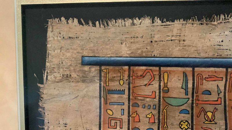 View 4 of HAND PAINTED EGYPTIAN PAPYRUS PAINTING, DEPICTING PHARAOH RAMSES, THE SECOND RIDING A WAR CHARIOT 48” X 36”