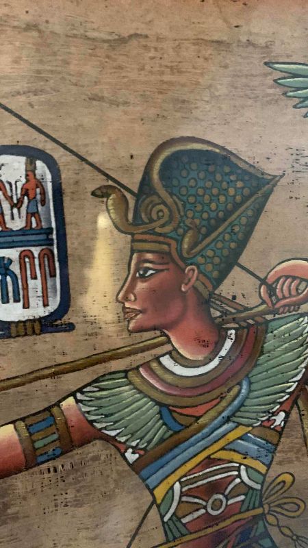 View 2 of HAND PAINTED EGYPTIAN PAPYRUS PAINTING, DEPICTING PHARAOH RAMSES, THE SECOND RIDING A WAR CHARIOT 48” X 36”