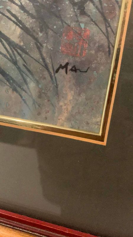 View 3 of VINTAGE HUI CHI MAU “FINCHES AND ROSES” CHINOISERIE ART PRINT 18” X 30”