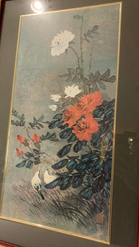 View 2 of VINTAGE HUI CHI MAU “FINCHES AND ROSES” CHINOISERIE ART PRINT 18” X 30”