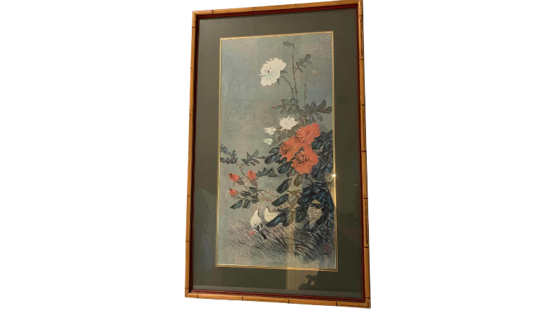 View 1 of VINTAGE HUI CHI MAU “FINCHES AND ROSES” CHINOISERIE ART PRINT 18” X 30”