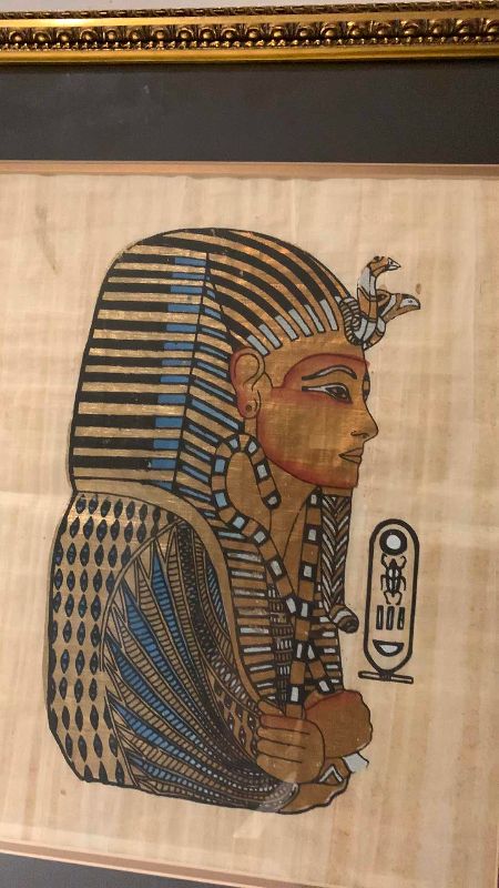 View 2 of HAND PAINTED EGYPTIAN PAPYRUS ARTWORK PORTRAIT OF KING TUTANKHAMEN 21” x 24”