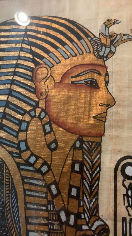 View 3 of HAND PAINTED EGYPTIAN PAPYRUS ARTWORK PORTRAIT OF KING TUTANKHAMEN 21” x 24”