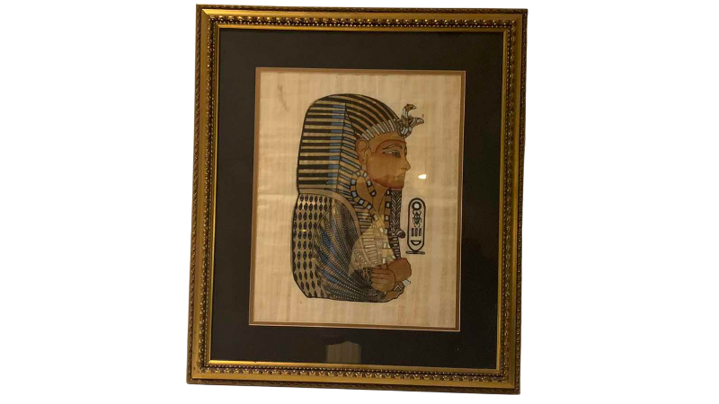 View 1 of HAND PAINTED EGYPTIAN PAPYRUS ARTWORK PORTRAIT OF KING TUTANKHAMEN 21” x 24”