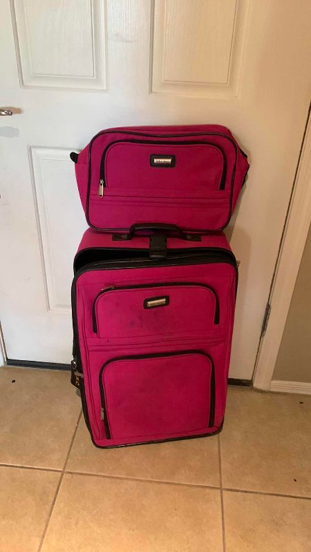 View 4 of PRODIGY AND ADVANTAGE SUITCASES, PURPLE FLORAL DESIGN WITH WHEELS