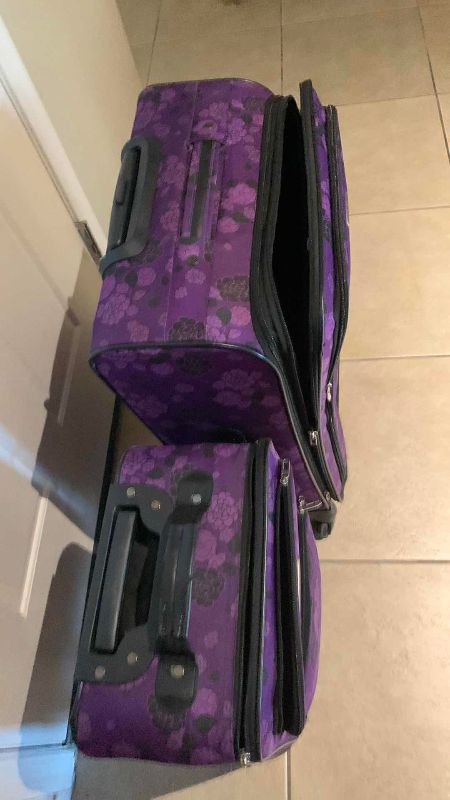 View 3 of PRODIGY AND ADVANTAGE SUITCASES, PURPLE FLORAL DESIGN WITH WHEELS