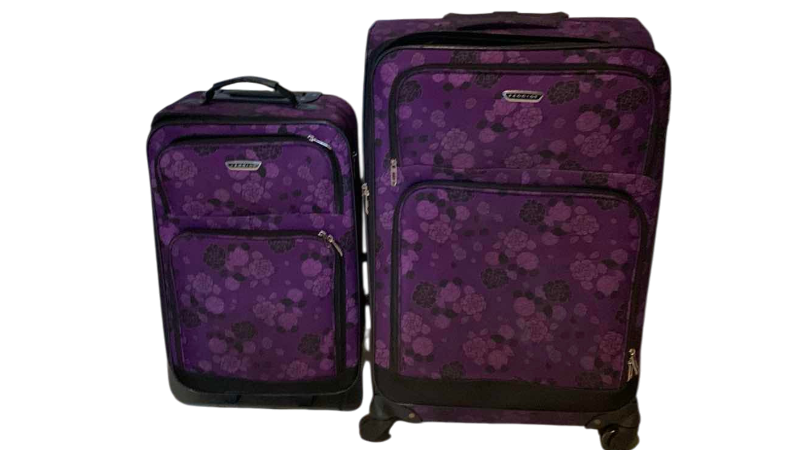 View 1 of PRODIGY AND ADVANTAGE SUITCASES, PURPLE FLORAL DESIGN WITH WHEELS