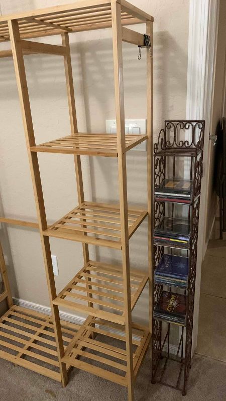 View 2 of WOODEN SHELVING 34“ X 12“ H 56” METAL CD RACK, MAGAZINE, RACK, AND OTHER HOME ITEMS