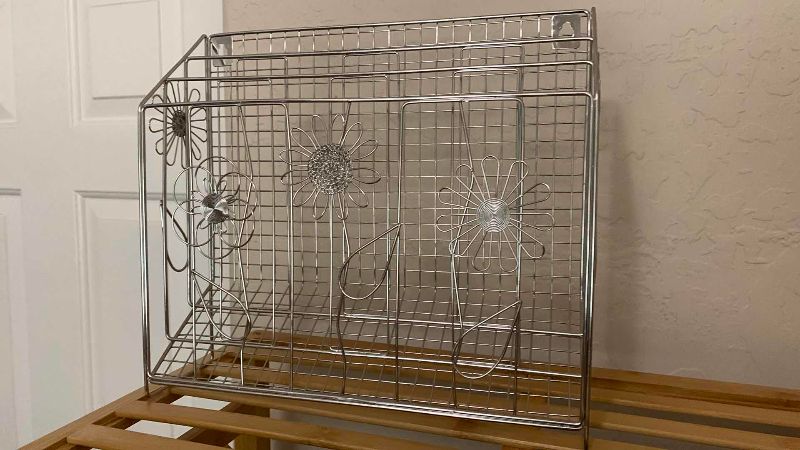 View 3 of WOODEN SHELVING 34“ X 12“ H 56” METAL CD RACK, MAGAZINE, RACK, AND OTHER HOME ITEMS