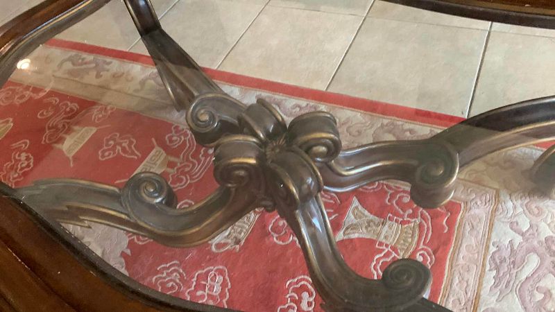 View 4 of MARGE CARSON, COFFEE TABLE WITH GLASS TOP CURVED, SCROLL LEGS 58" BY 39" H 21”