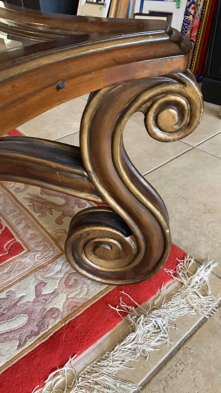 View 2 of MARGE CARSON, COFFEE TABLE WITH GLASS TOP CURVED, SCROLL LEGS 58" BY 39" H 21”