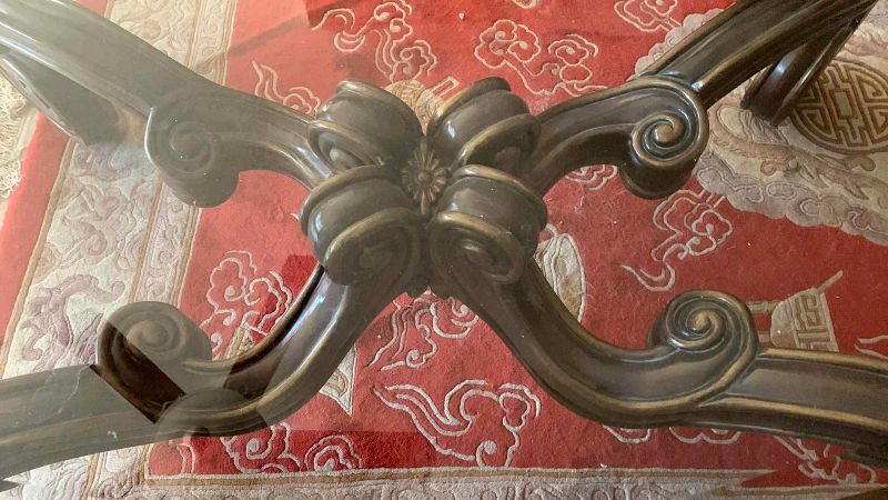 View 3 of MARGE CARSON, COFFEE TABLE WITH GLASS TOP CURVED, SCROLL LEGS 58" BY 39" H 21”