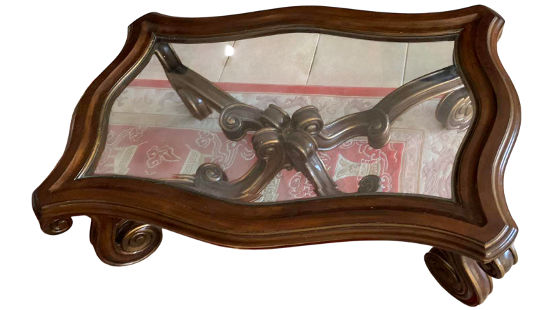 View 1 of MARGE CARSON, COFFEE TABLE WITH GLASS TOP CURVED, SCROLL LEGS 58" BY 39" H 21”
