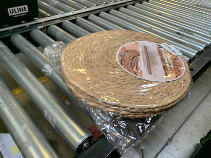 Photo 1 of 13 in Round Woven Boho Placemats Set of 8, Wicker Rattan Place Mats Chargers for Dinner Plates, Farmhouse Rustic Table Mats for Dining Table Decor